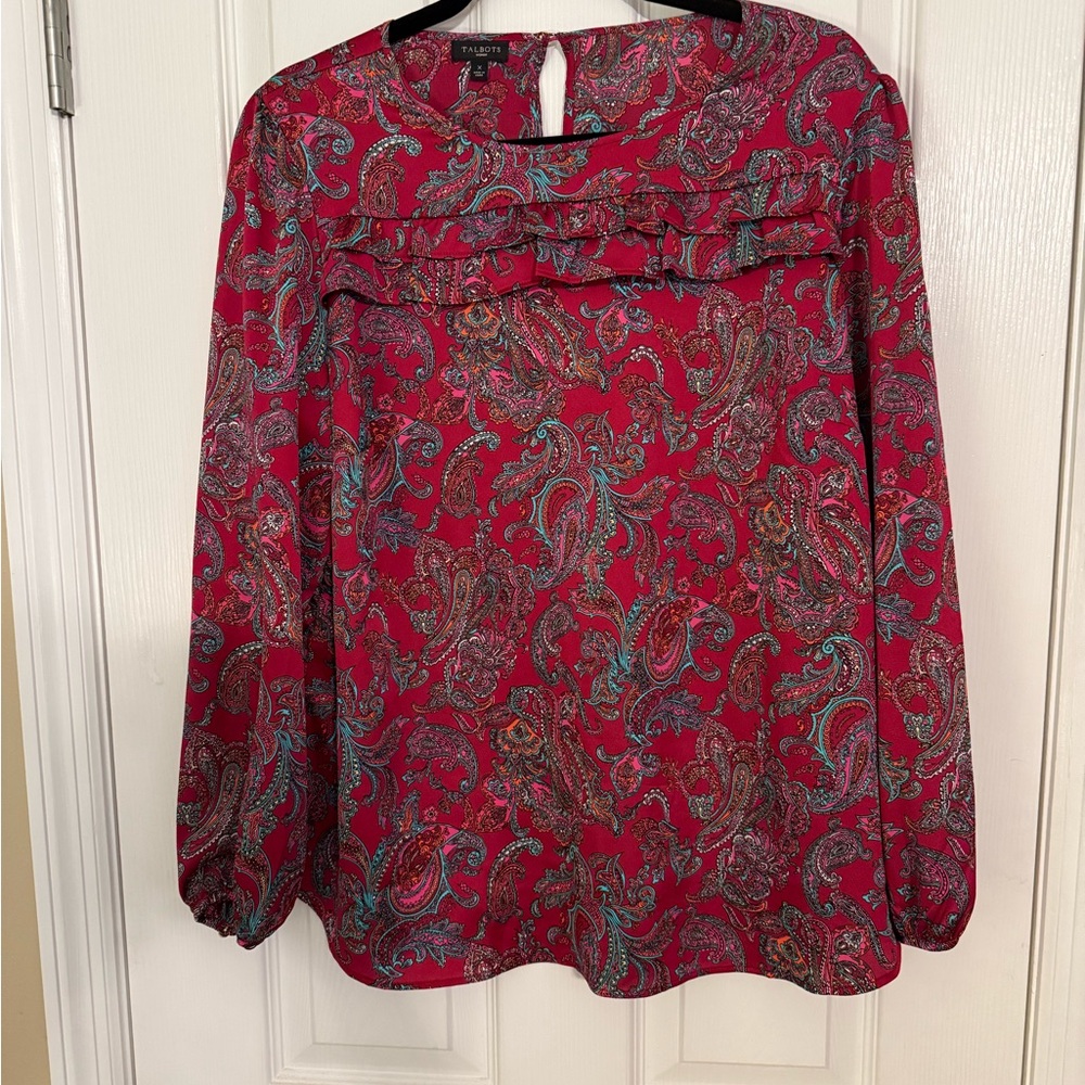 Ruffled Red and Blue Blouse with Full Sleeves